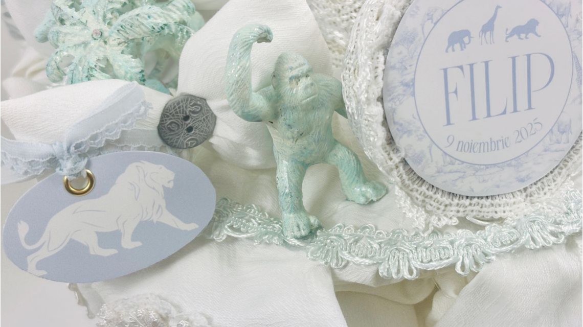 Lumânare botez băieți Blue Animals Safari Dream alb cu accente bleu și animale exotice 9